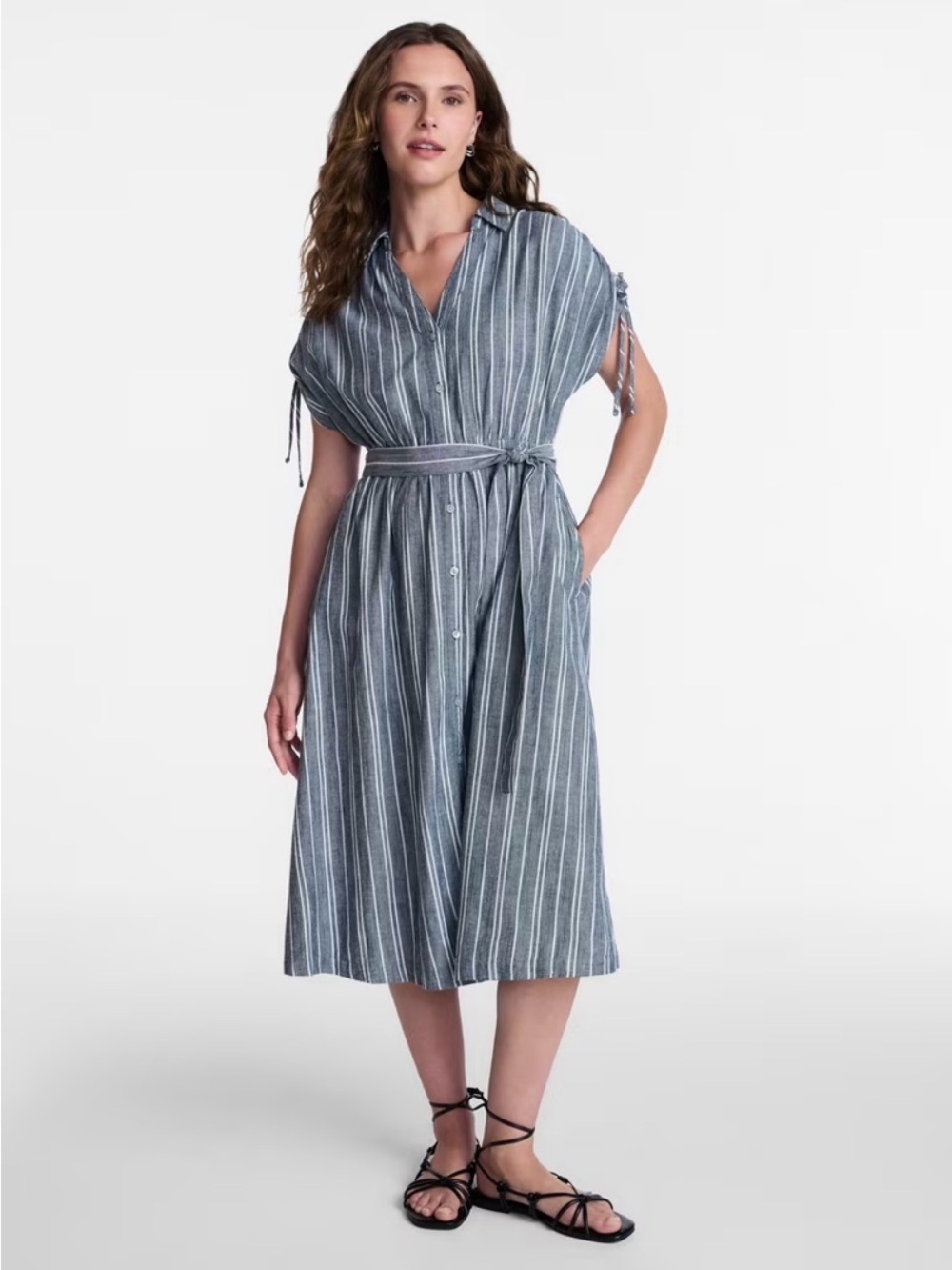 Time & Tru Striped Button-Front Midi Shirt Dress